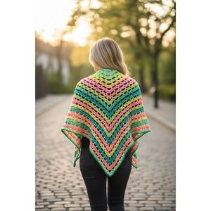 Handmade Crochet Rainbow Retro Stripes Triangle Shawl Boho NEW Regaular Sz Neon